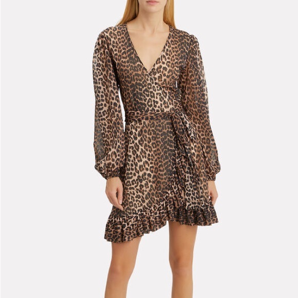 GANNI Leopard Print Mini Wrap Dress — Small - Picture 2 of 8